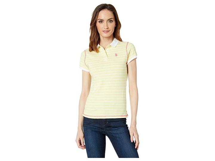 U.s. Polo Assn. Narrow Striped Polo (lemon Rock) Women's Short Sleeve Pullover