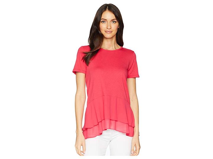 Michael Michael Kors Solid Woven Double Hem Top (deep Pink) Women's Clothing