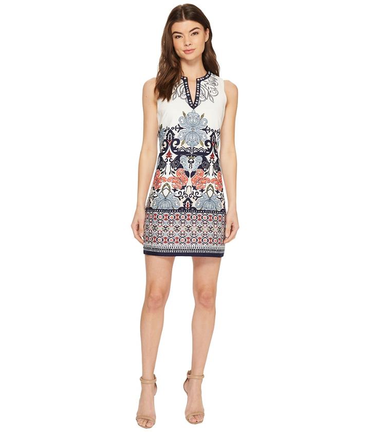 Laundry By Shelli Segal Printed Embroidered Sleeveless Shift Dress With Beaded Neckline (midnight) Women's Dress