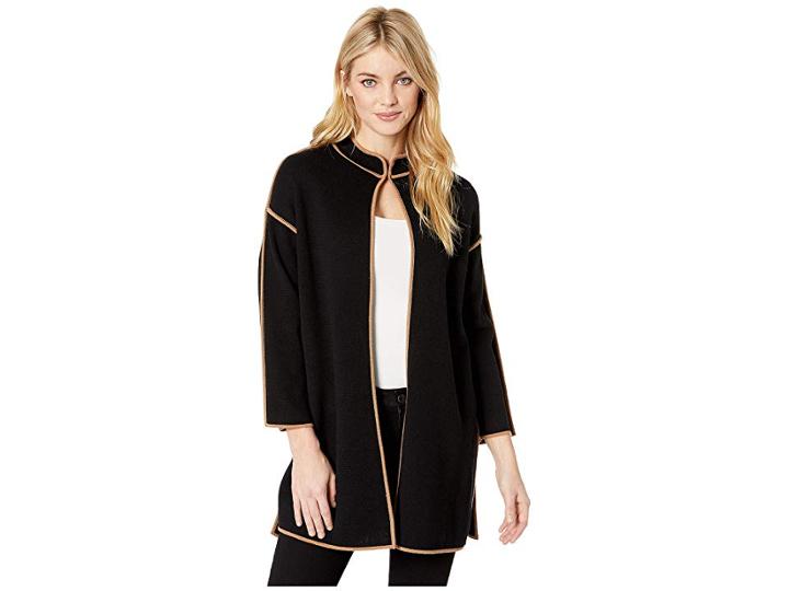Anne Klein Nehru Piped Long Sweater Coat (anne Black/vicuna) Women's Sweater