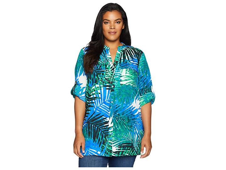 Calvin Klein Plus Plus Size Printed Roll Sleeve (capri Multi) Women's Blouse