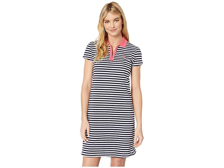 U.s. Polo Assn. Short Sleeve Zip Stripe Dress (evening Blue) Women's Clothing