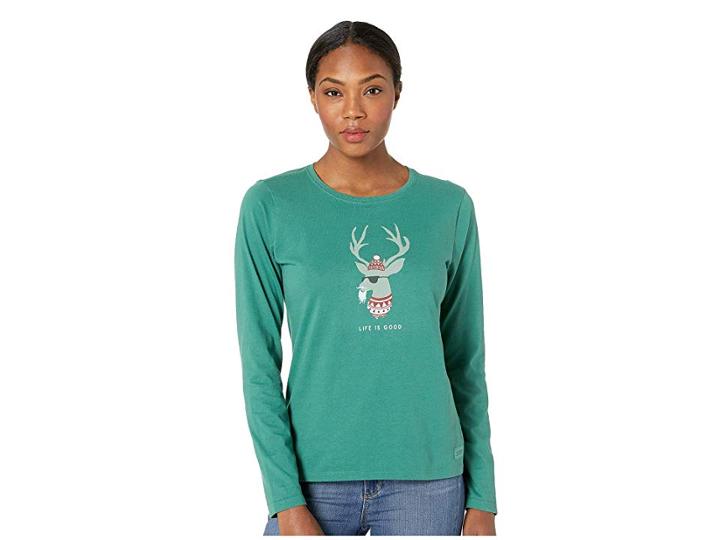 Life Is Good Funky Reindeer Crusher Long Sleeve T-shirt (forest Green) Women's T Shirt