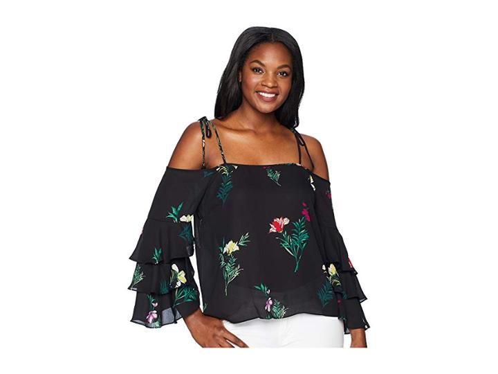 Vince Camuto Tie Strap Tiered Sleeve Garden Bouquet Blouse (rich Black) Women's Blouse