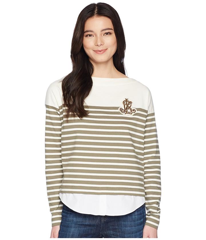 Lauren Ralph Lauren Petite Striped Layered Cotton Sweater (chalk/sage Moss) Women's Sweater