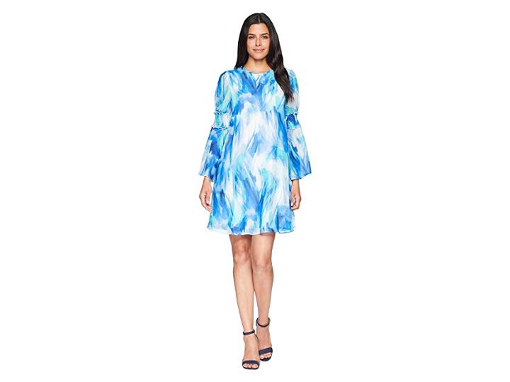 Calvin Klein Brush Stroke Print Long Sleeve Dress With Smocking Detail Cd8h26md (regatta Multi) Women's Dress