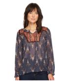 Cruel Embroidered Peasant Sleeve Blouse (navy) Women's Clothing