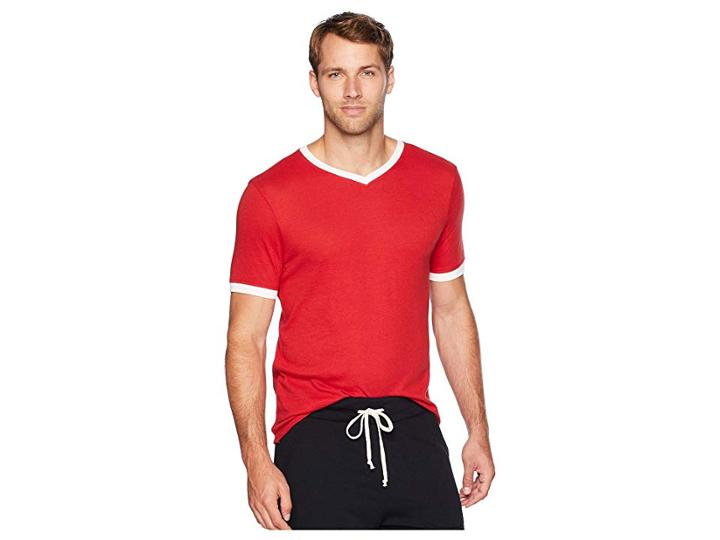 Alternative Vintage Jersey Striker V-neck Tee (scarlet Red/white) Men's T Shirt