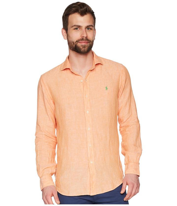 Polo Ralph Lauren Linen Spread Long Sleeve Sport Shirt (orange/white) Men's Clothing