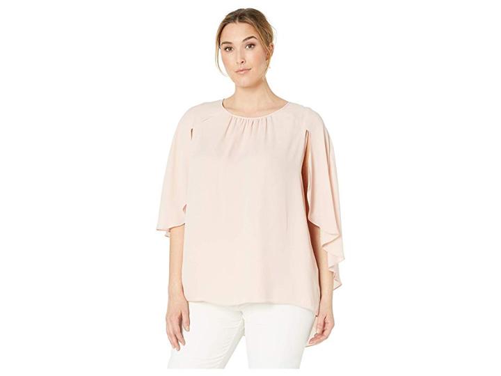 Vince Camuto Specialty Size Plus Size Gathered Crew Neck Cape Blouse (rose Buff) Women's Blouse