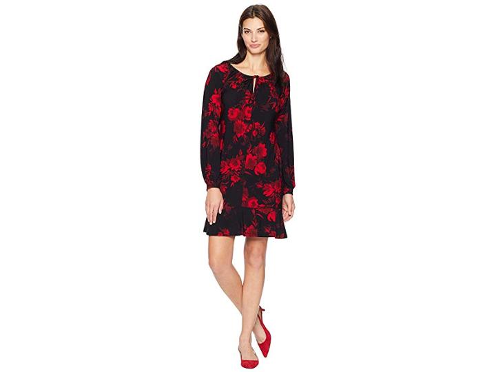 Chaps Floral Long Sleeve Day Dress (midnight Maroon/multi) Women's Dress