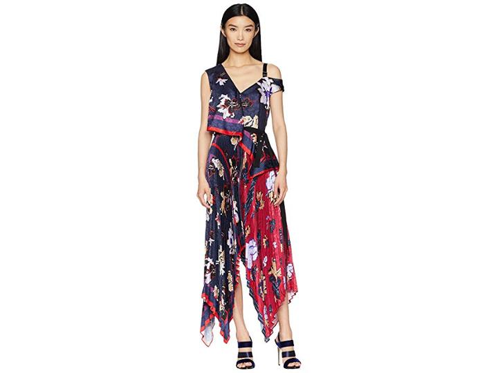 Yigal Azrouel Pleated Handkerchief Scarf Print Dress (midnight Multi) Women's Dress