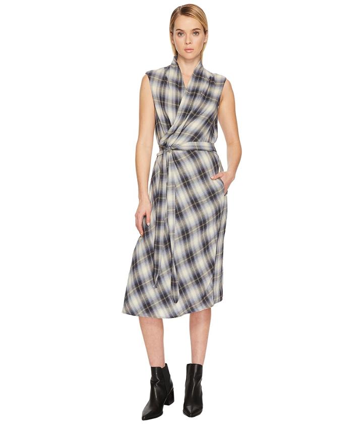 Vince Shadow Plaid Sleeveless Wrap Dress (black/white) Women's Dress