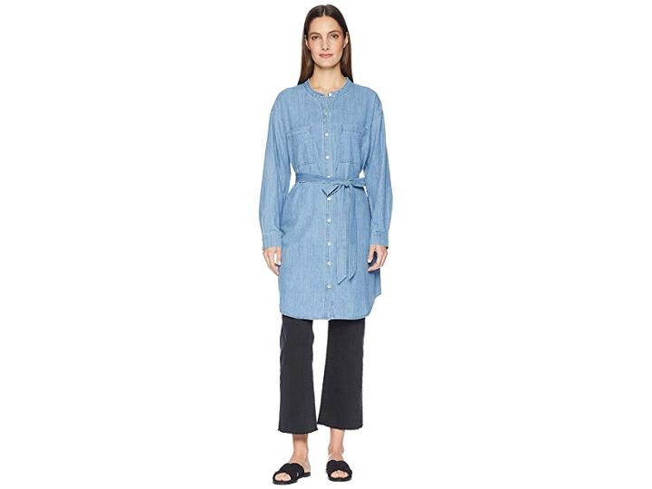 Eileen Fisher Organic Cotton Drapey Denim Mandarin Collar Shirtdress With Tie (blue Star) Women's Dress