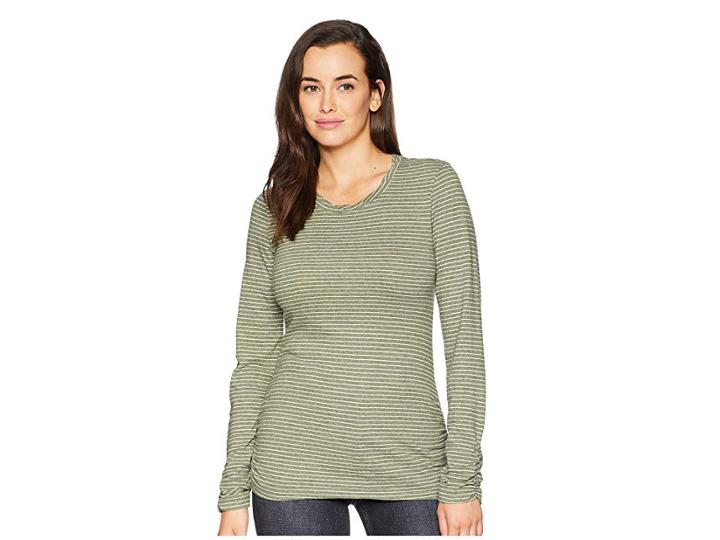 Mod-o-doc Heathered Jersey Stripe Twisted Collar Side Shirred Long Sleeve Tee (holly) Women's T Shirt