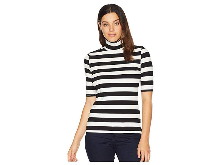 Vince Camuto 3/4 Sleeve Wide Ribbed Stripe Turtleneck Top (rich Black) Women's Clothing