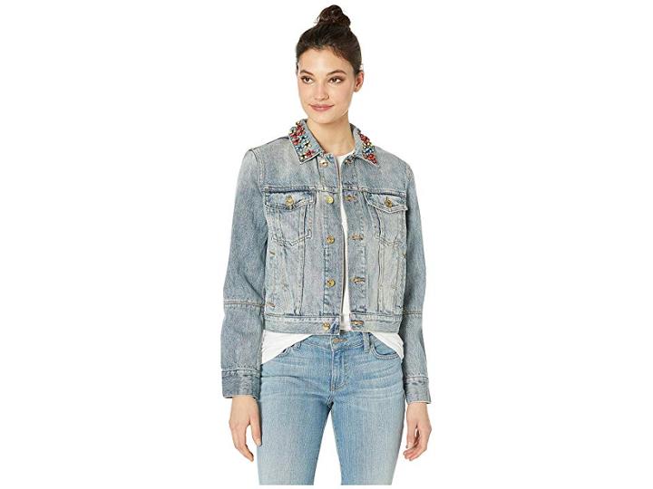 Juicy Couture Denim Floral Embellished Jacket (retro Wash) Women's Clothing