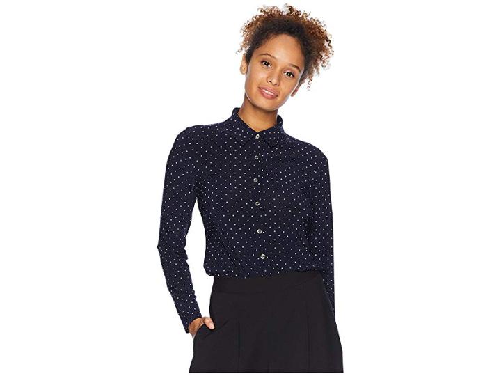 Tommy Hilfiger Polka Dot Collared Long Sleeve Knit Top (midnight/ivory) Women's Clothing