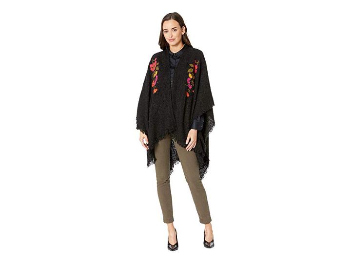 Collection Xiix Floral Chain Stitch Embriodered Ruana (black) Women's Clothing