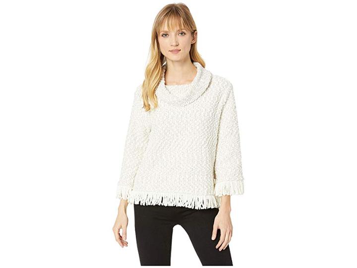 Vince Camuto Elbow Sleeve Cozy Chenille Fringe Hem Top (pearl Ivory) Women's Clothing