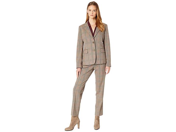 Tahari By Asl Notch Collar One-button Flap Pocket Corduroy Trim Pants Suit (tobacco/ivory) Women's Suits Sets