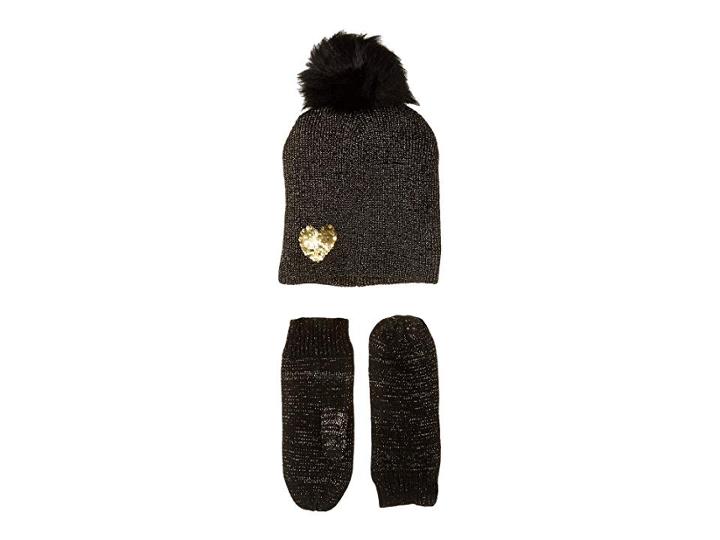 Betsey Johnson Heart To Heart Hat Gloves Two-piece Set (black/gold) Hair Accessories