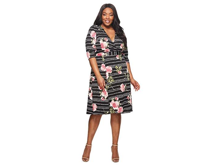 Kiyonna Essential Wrap Dress (black Rose Stripe) Women's Dress