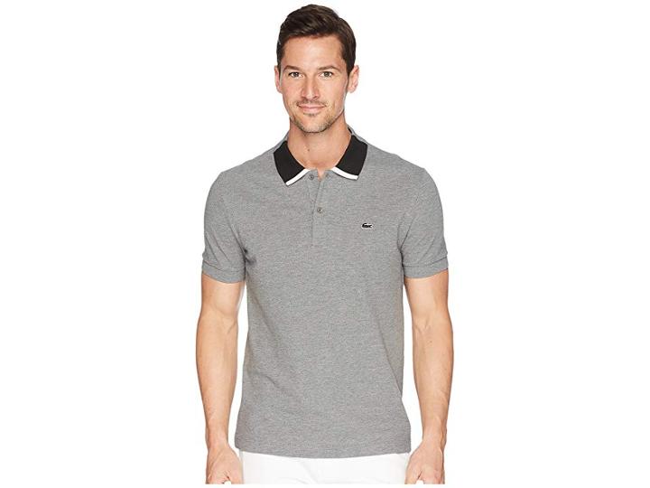 Lacoste Short Sleeve Petit Pique W/ Color Block Collar Regular (galaxite Chine/black/white) Men's Short Sleeve Pullover