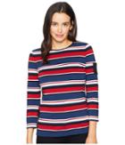 Chaps Lightweight Stripe Cotton Jersey 3/4 Knit (red Multi) Women's Clothing