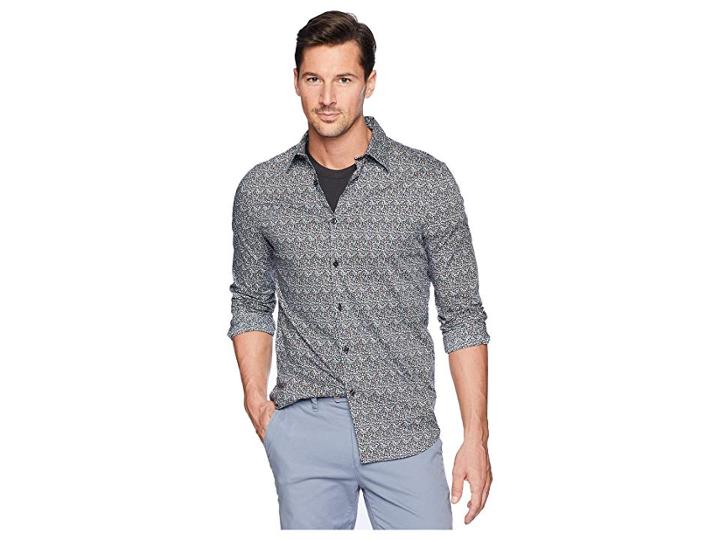 Perry Ellis Slim Fit Print Stretch Shirt (dark Sapphire) Men's Clothing