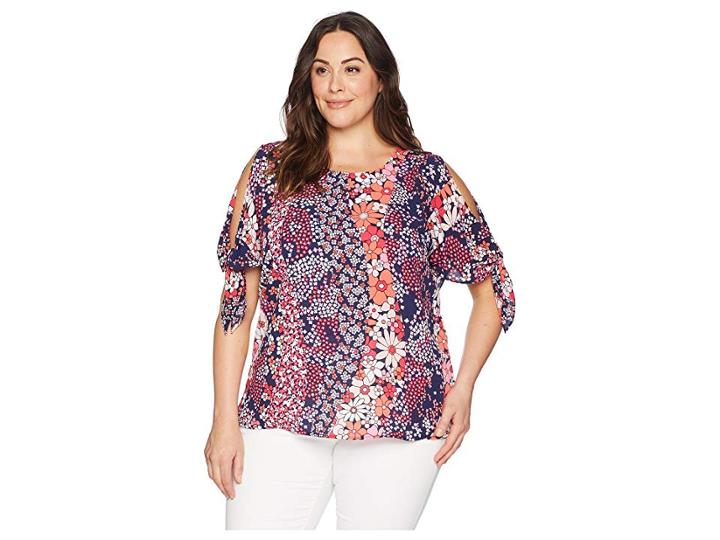 Michael Michael Kors Plus Size Patchwork Flower Top (true Navy/bright Blush) Women's Clothing