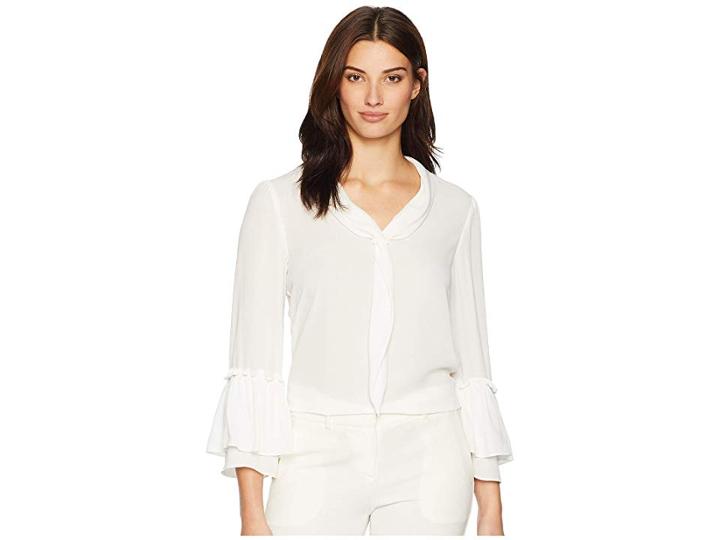 Tahari By Asl Long Sleeve Ruffle Trim Sailor Blouse (white) Women's Blouse