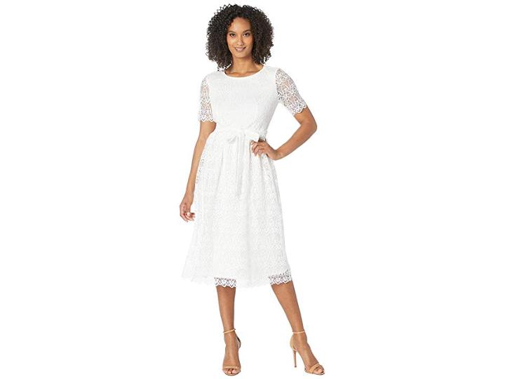 Nine West Lace Short Sleeve Fit And Flare Midi Dress (ivory) Women's Dress
