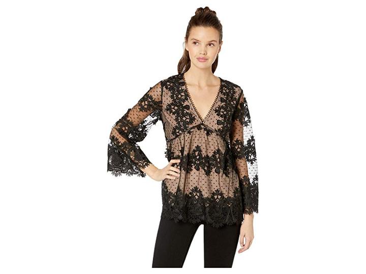 Miss Me Deep V-neck Empire Waist Long Sleeve Lace Top (black) Women's Clothing