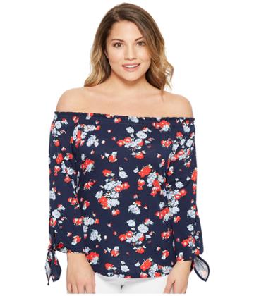 Lauren Ralph Lauren Petite Floral Jersey Off The Shoulder Top (navy Multi) Women's Clothing