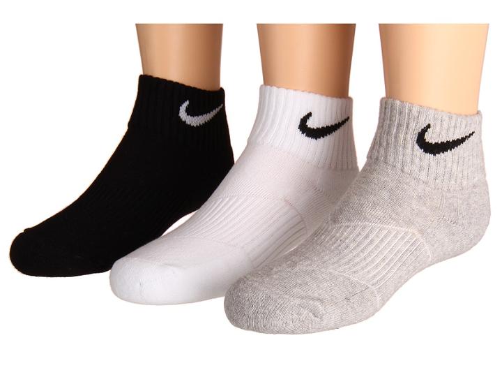 Nike Kids Cotton Cushion Quarter Length Socks W/ Moisture Management 3-pair Pack (little Kid/big Kid) (white/grey Heather/black) Kids Shoes