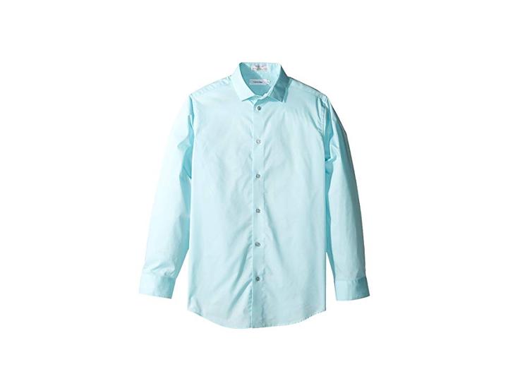 Calvin Klein Kids Long Sleeve Solid Stretch Poplin Shirt (big Kids) (light Teal) Boy's Clothing