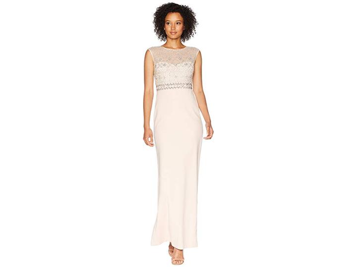 Adrianna Papell Cap Sleeve Bead Bodice Gown With Solid Crepe Skirt (blush) Women's Dress
