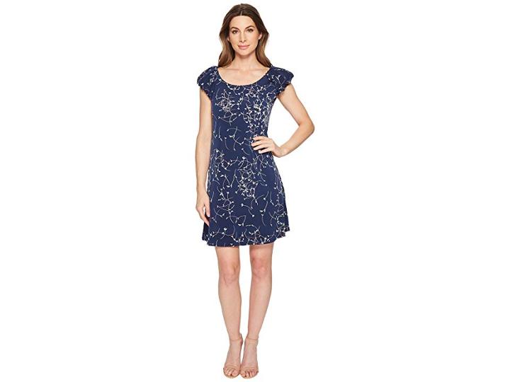 Cece Puffed Short Sleeve Ditsy Swirls Dress (naval Navy) Women's Dress