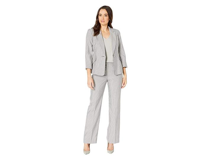 Le Suit Pinstripe One-button Notch Collar Pants Suit (black/white) Women's Suits Sets