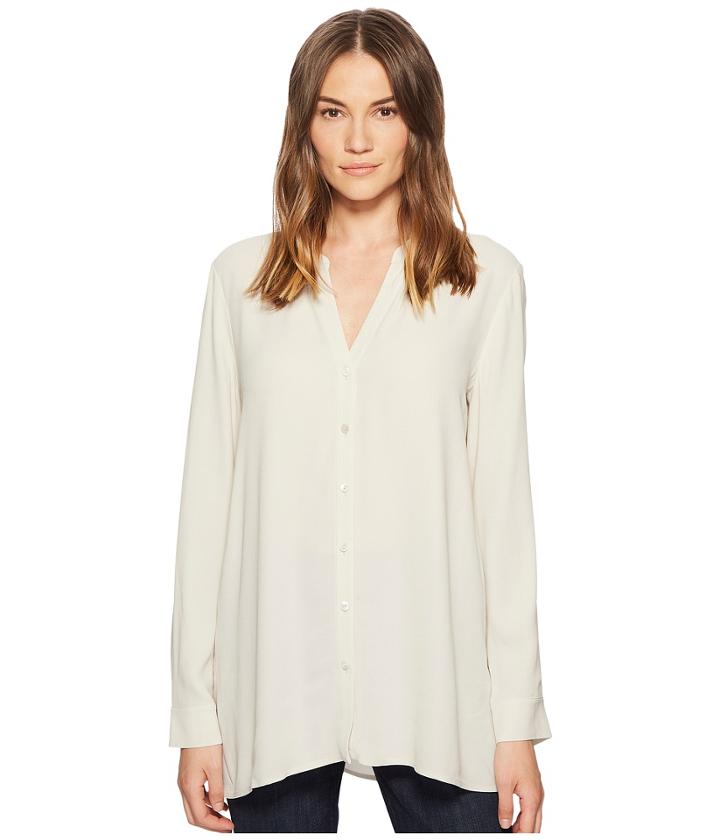 Eileen Fisher Silk Georgette Crepe Stand Collar Top (bone) Women's Long Sleeve Button Up