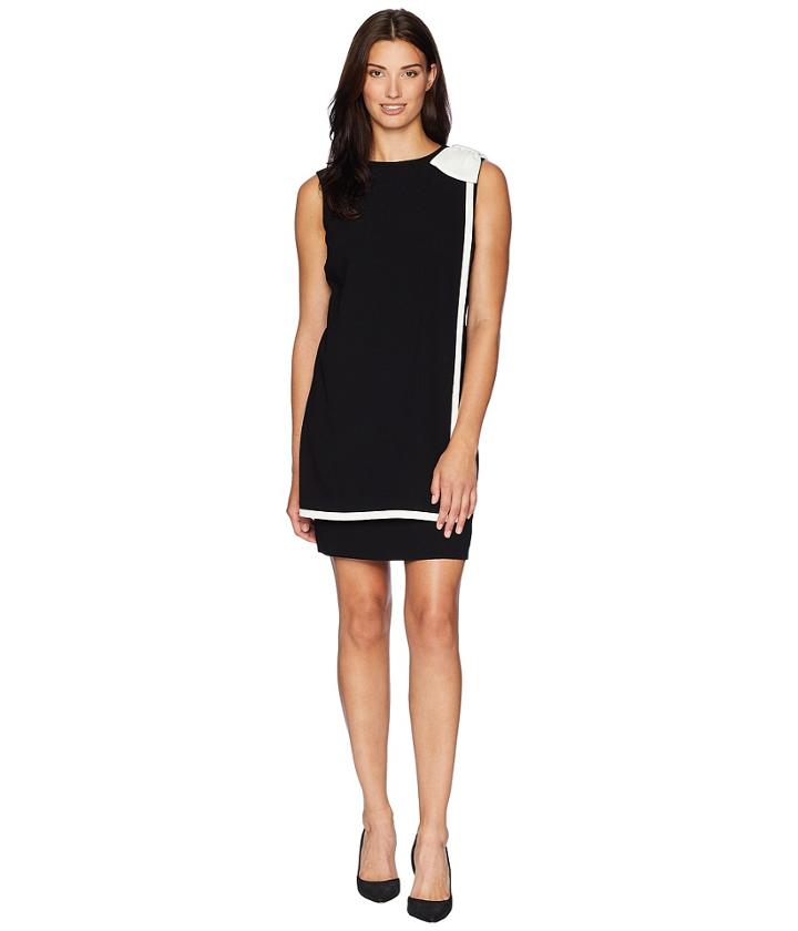Tahari By Asl Bow Shoulder Crepe Sheath Dress With Banded Overlay (black/ivory) Women's Dress