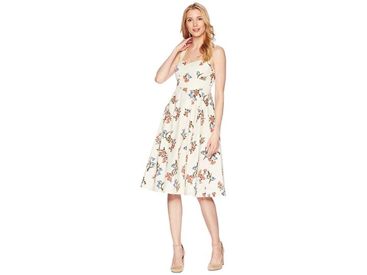 Donna Morgan Printed Cotton Poplin Fit And Flare (ivory/blue Multi) Women's Dress