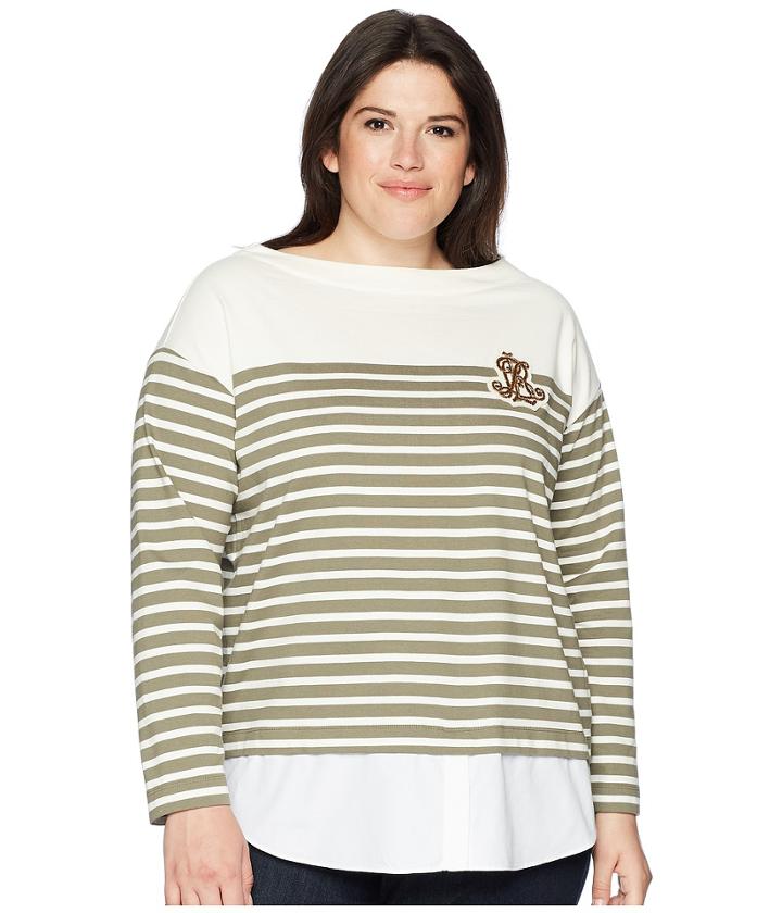 Lauren Ralph Lauren Plus Size Striped Layered Cotton Sweater (chalk/sage Moss) Women's Sweater