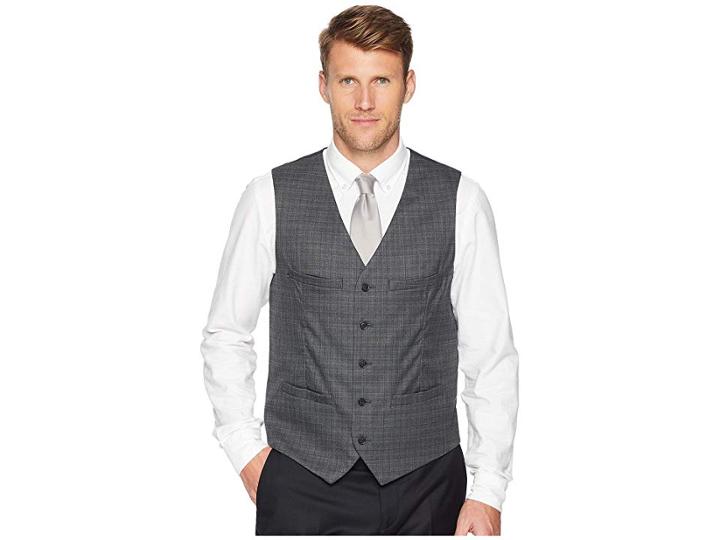 Perry Ellis Slim Fit Washable Plaid Suit Vest (charcoal Heather) Men's Vest