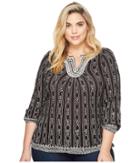 Lucky Brand Plus Size Embroidered Top (black Multi) Women's Long Sleeve Pullover
