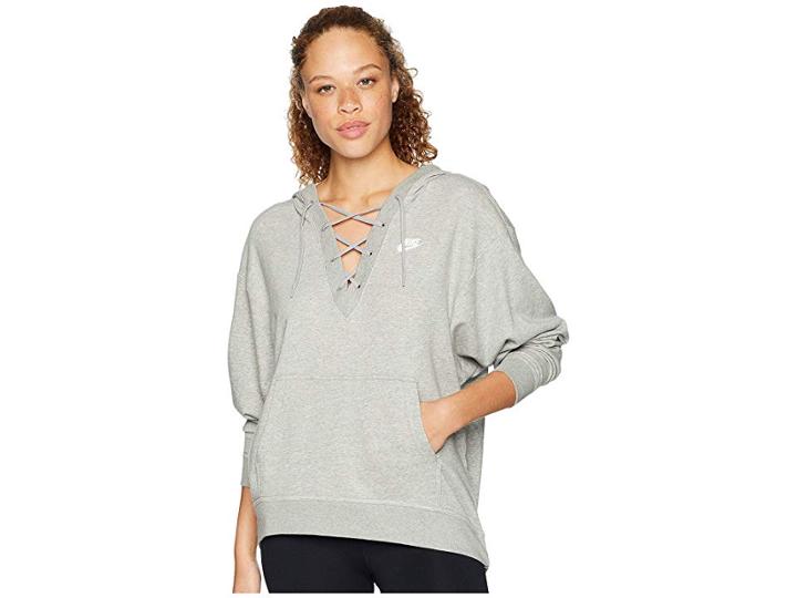 Nike Club Lace-up Hoodie (dark Grey Heather/dark Grey Heather/white) Women's Sweatshirt