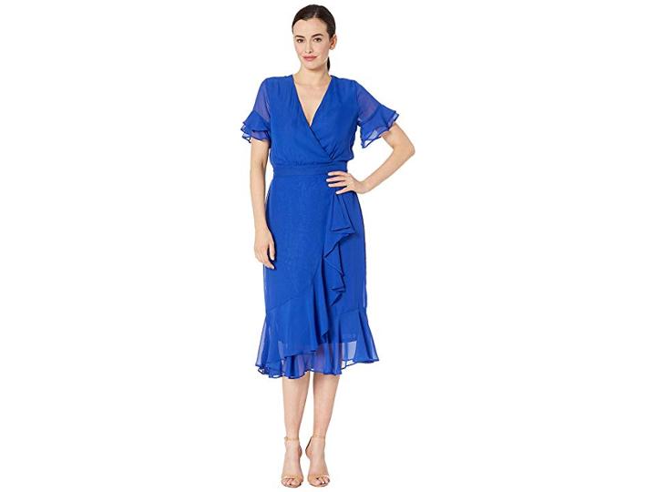 Eci Flutter Sleeve Wrap Chiffon Dress Ruffle Hem (cobalt) Women's Dress