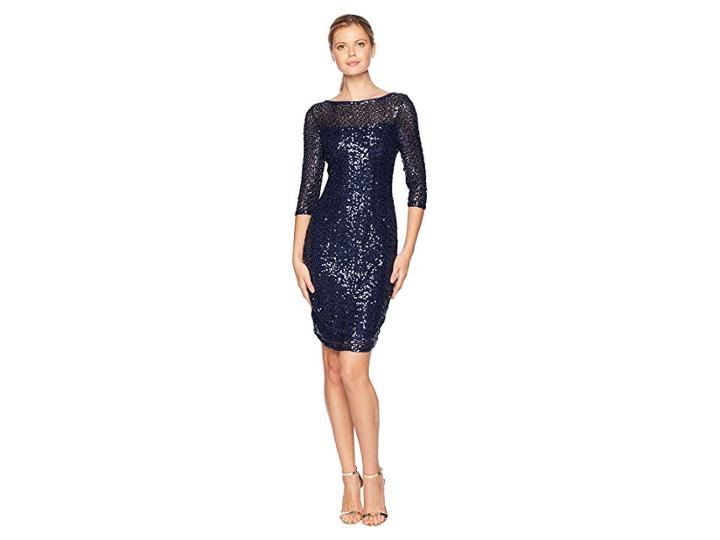 Marina Short Slim Sequin Dress With 3/4 Sleeves And V-back (navy) Women's Dress