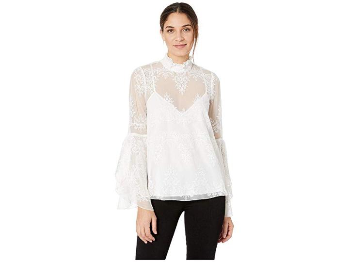 Bcbgmaxazria Ruffled Neck Embroidered Top (optic White) Women's Clothing